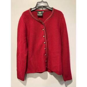 H. Moser Button Cardigan Red Green Embroidery Trim Wool 14